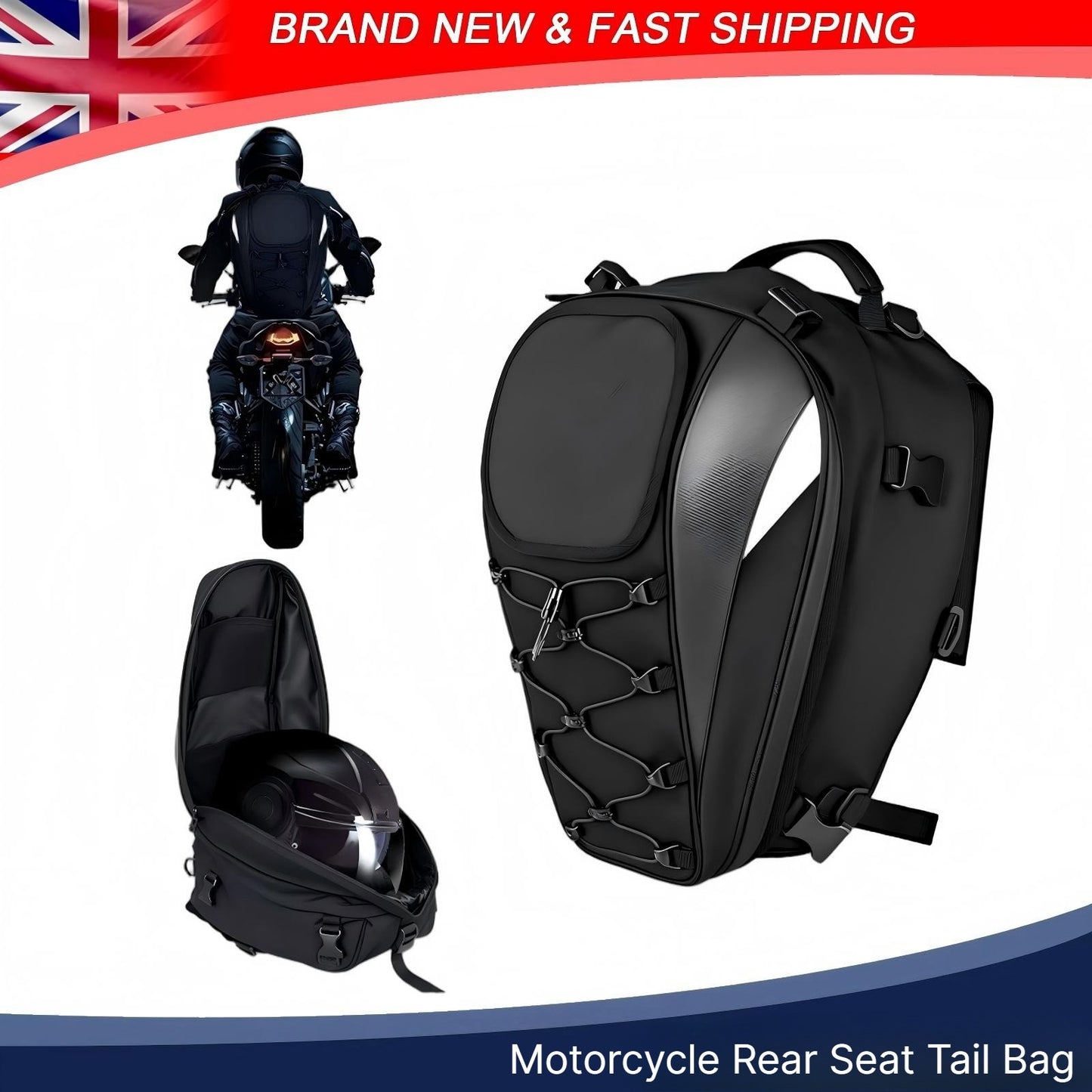 Motorcycle Rear Seat Tail Bag with helmet storage, waterproof fabric, and reflective strips for enhanced safety.
