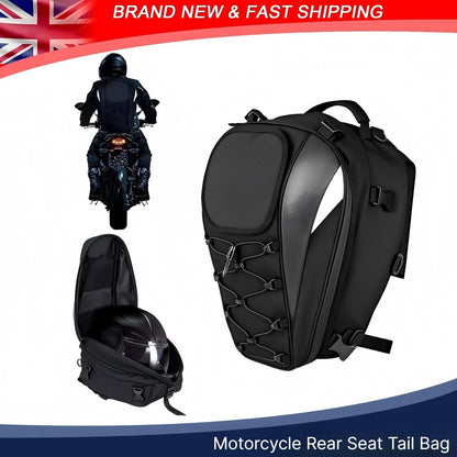 Motorcycle Rear Seat Tail Bag with helmet storage, waterproof fabric, and reflective strips for enhanced safety.