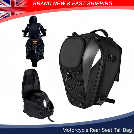 Motorcycle Rear Seat Tail Bag with helmet storage, waterproof fabric, and reflective strips for enhanced safety.