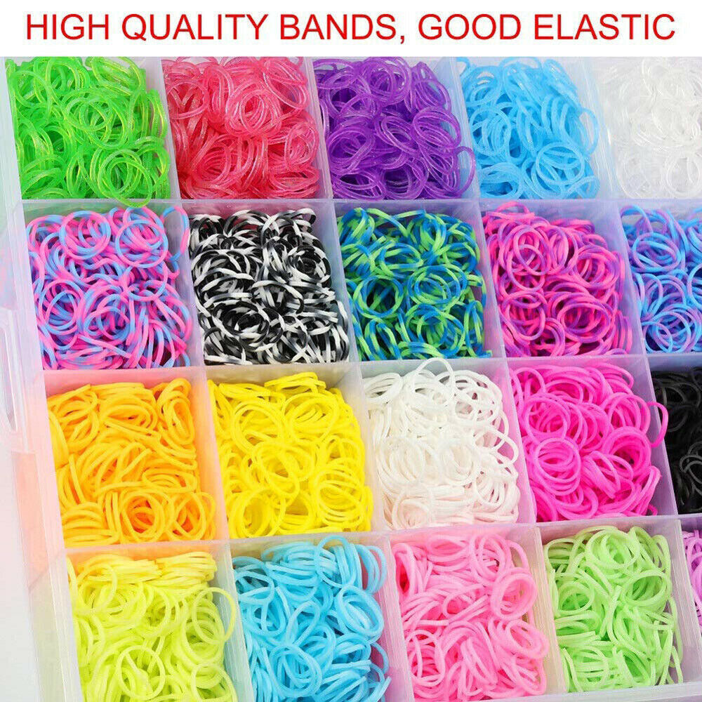 Rubber loom bands kit for kids in various colors displayed in a compact organizer, perfect for DIY bracelet making.