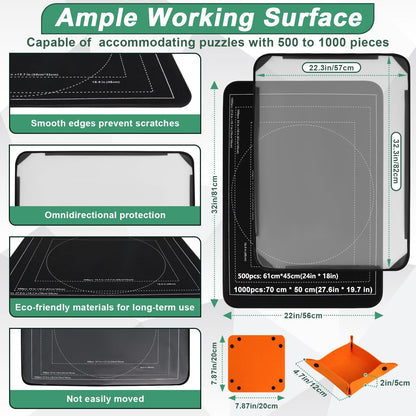 New jigsaw puzzle board with sorting trays featuring ample working surface for 500 to 1000 piece puzzles.