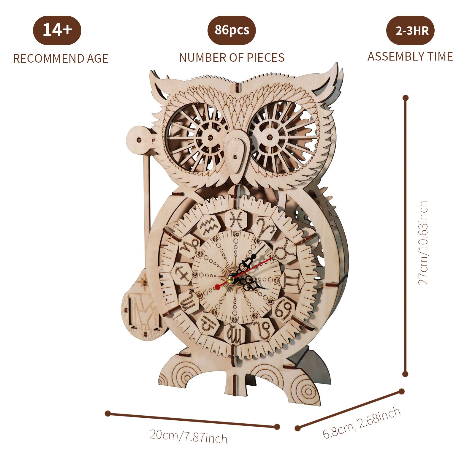 3D wooden owl clock puzzle kit by MUSIC PARK, handmade craft, unique Christmas gift, 86 pieces, for ages 14+.