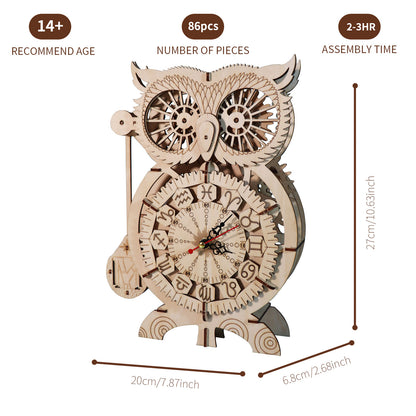 3D wooden owl clock puzzle kit by MUSIC PARK, handmade craft, unique Christmas gift, 86 pieces, for ages 14+.