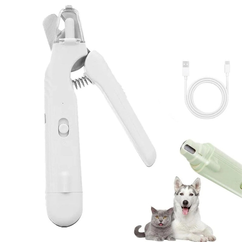 White pet nail trimmer with light, a 2 in 1 nail clipper and grinder for pets, includes USB charging cable.