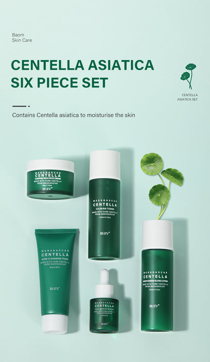 Centella Asiatica six piece set skincare products for facial care and hydration, featuring natural ingredients.