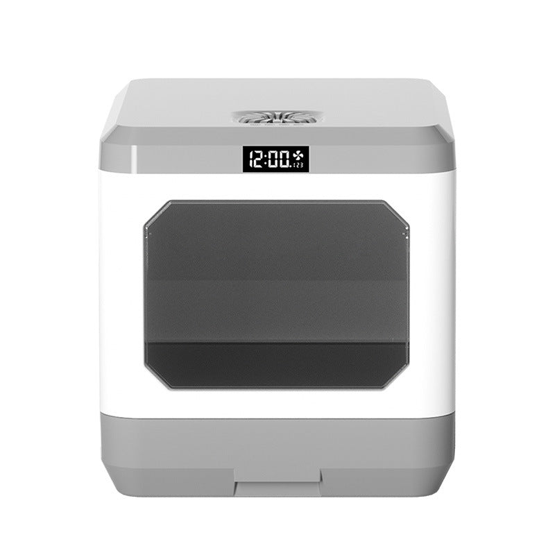 Fully enclosed cat litter basin drawer type in sleek design with digital display for easy monitoring.