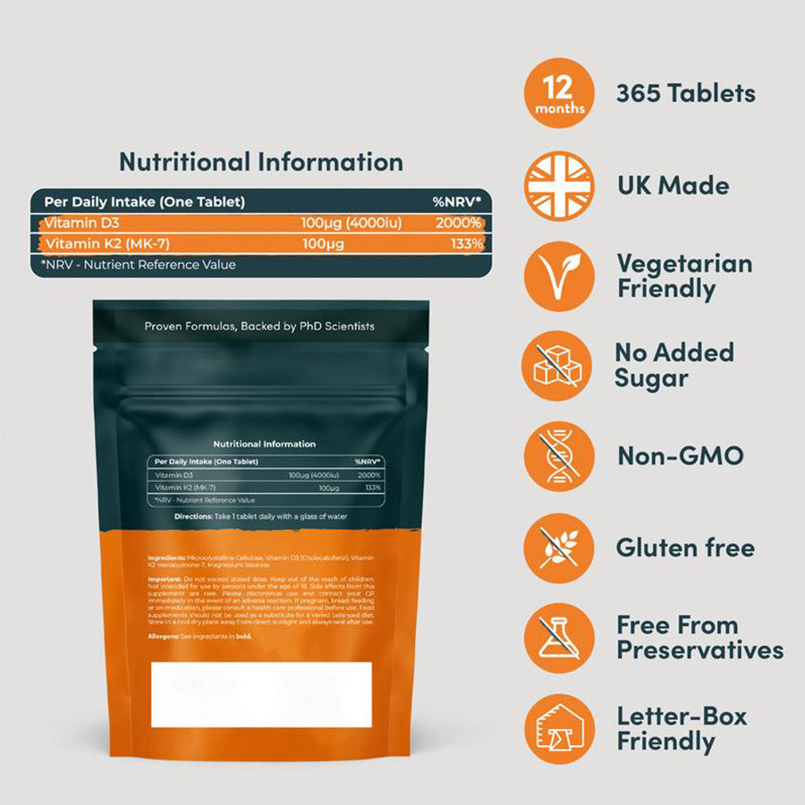 Vitamin D3 K2 tablets 365 pieces nutritional information and packaging details.