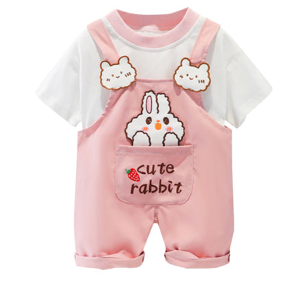 Baby summer cartoon overalls featuring cute rabbit design in pink, perfect for warm days and stylish adventures.