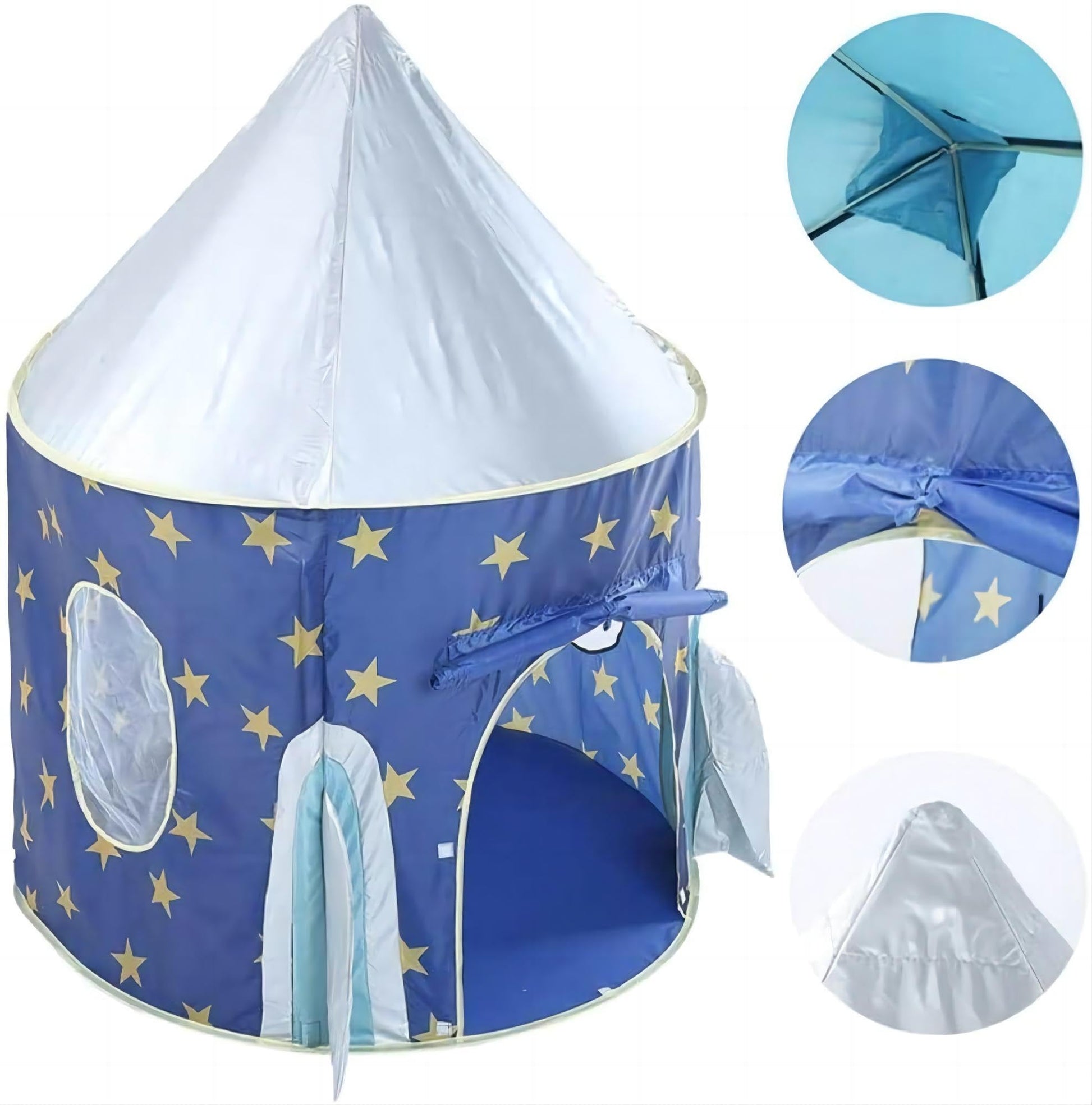 Portable kids play tent featuring a starry blue design with a peaked roof and easy access openings for children.