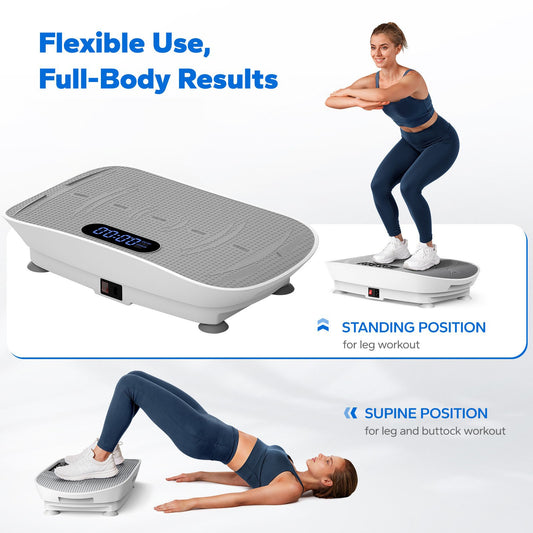 Vibration Plate Quiet Body Shaker Massager Exercise Machine demonstrating standing and supine positions for workouts.