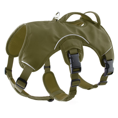 Large explosion-proof dog camisole in olive green, featuring adjustable straps and a secure harness.