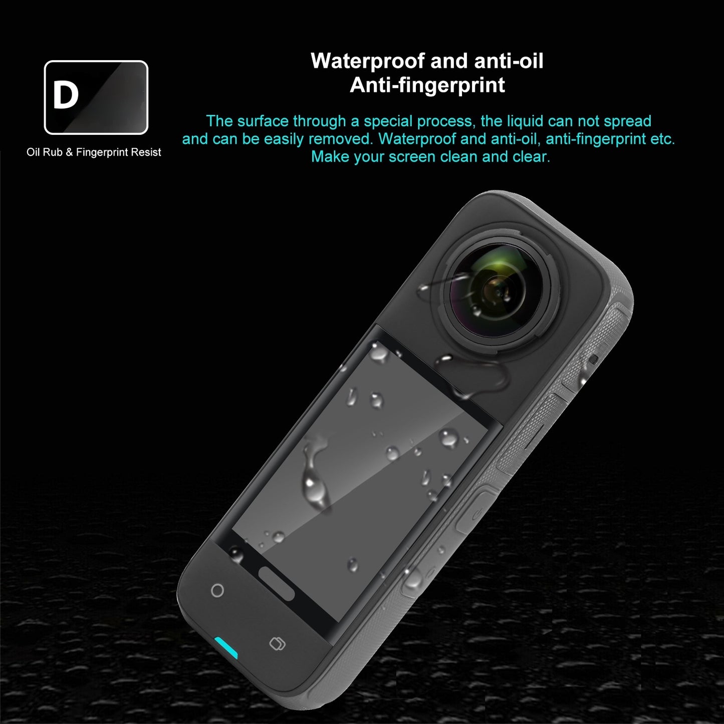 Insta360 X4 HD panoramic camera accessories showing waterproof and anti-fingerprint features of the device.