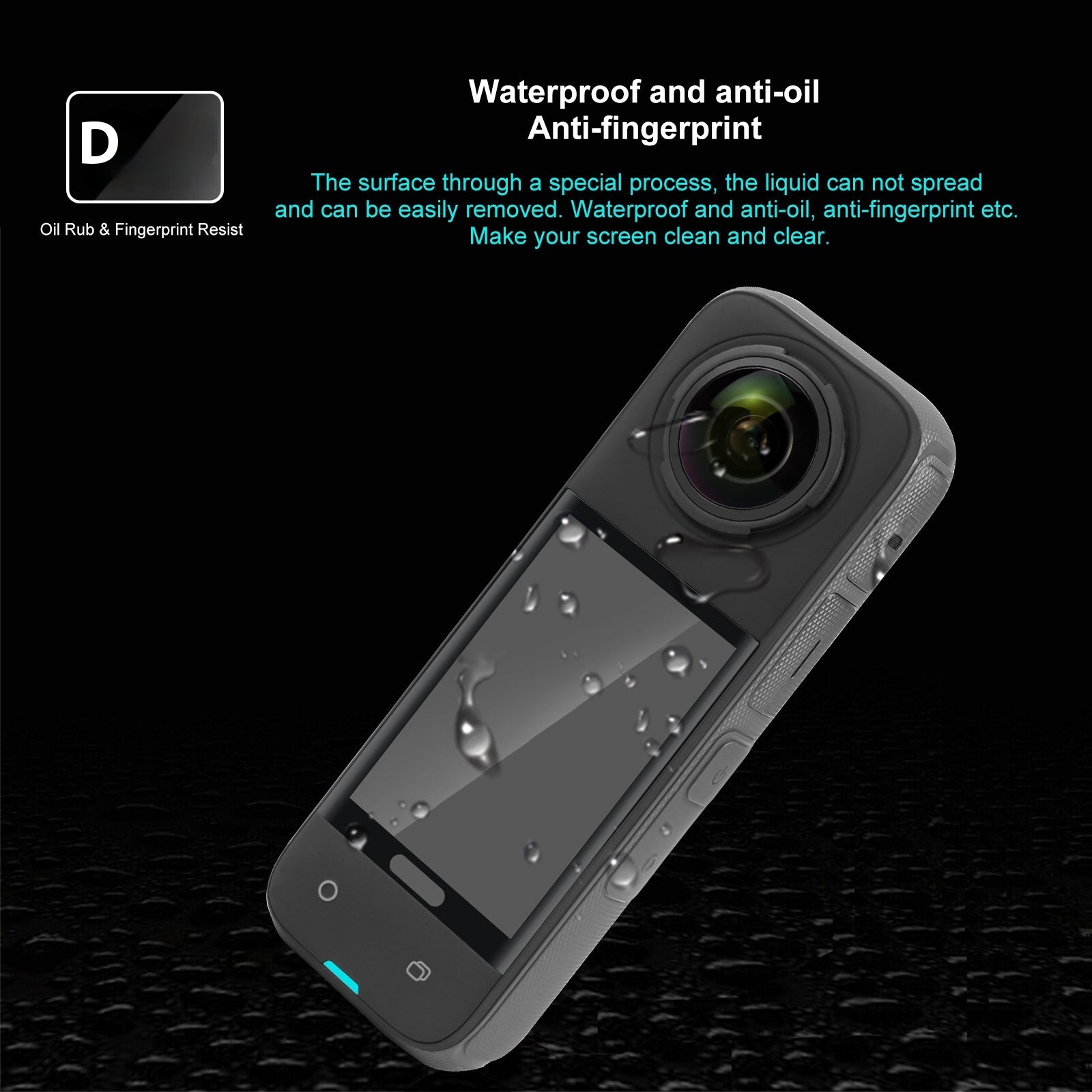 Insta360 X4 HD panoramic camera accessories showing waterproof and anti-fingerprint features of the device.
