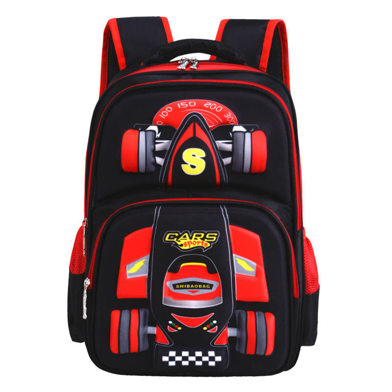 Three dimensional boys school trolley bag featuring a car design, perfect for primary school use.
