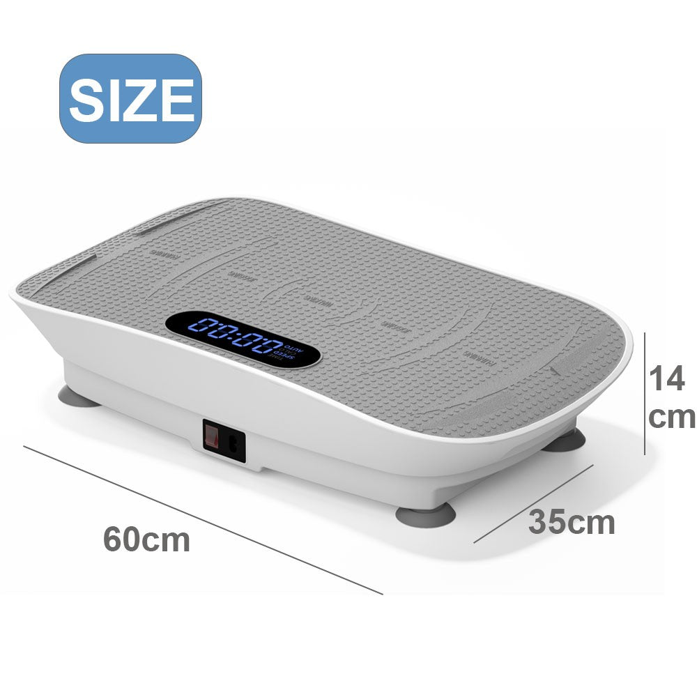 Quiet vibration plate exercise machine dimensions showing size of 60cm x 35cm x 14cm for home fitness.
