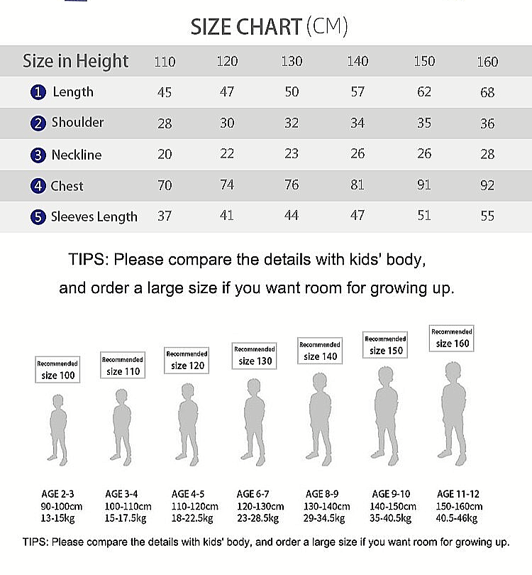 Size chart for boys black cashmere winter coat showing measurements and age recommendations for sizes 110 to 160 cm.