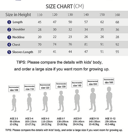 Size chart for boys black cashmere winter coat showing measurements and age recommendations for sizes 110 to 160 cm.