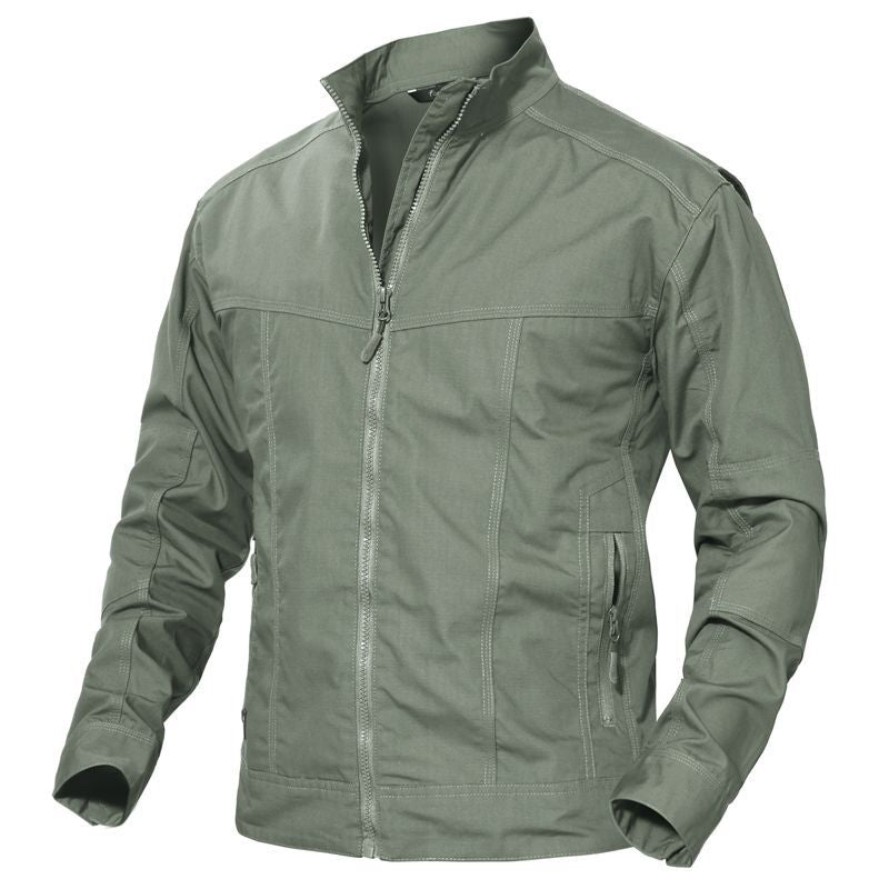 Windproof military style jacket in grayish green, featuring a stand collar and zip closure for outdoor wear.