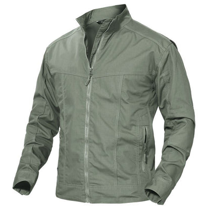 Windproof military style jacket in grayish green, featuring a stand collar and zip closure for outdoor wear.