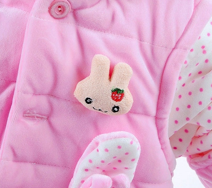 girls autumn winter clothing suits featuring a cute rabbit brooch on a pink quilted jacket.