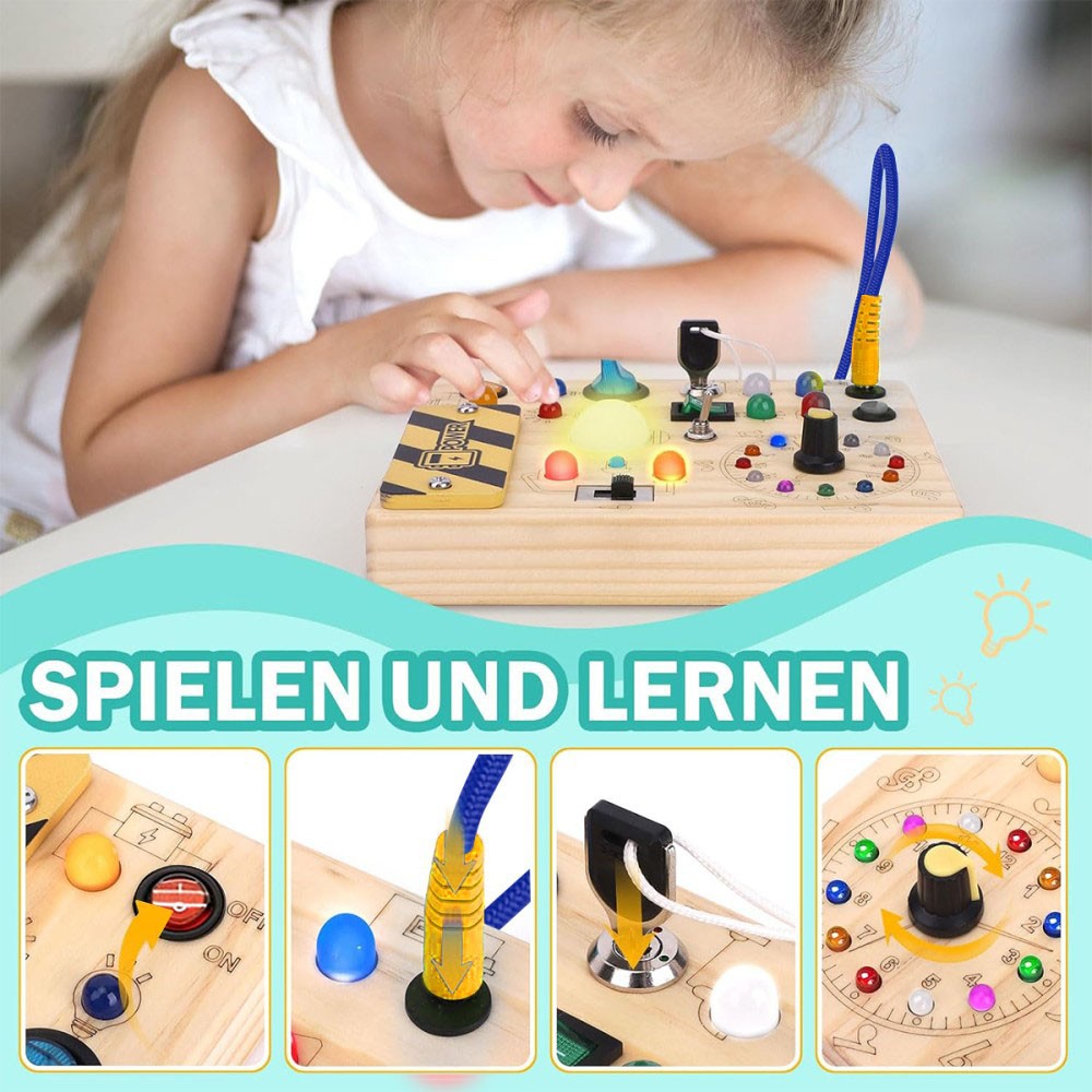 Montessori busy board for toddlers with colorful buttons and switches for sensory play and learning.