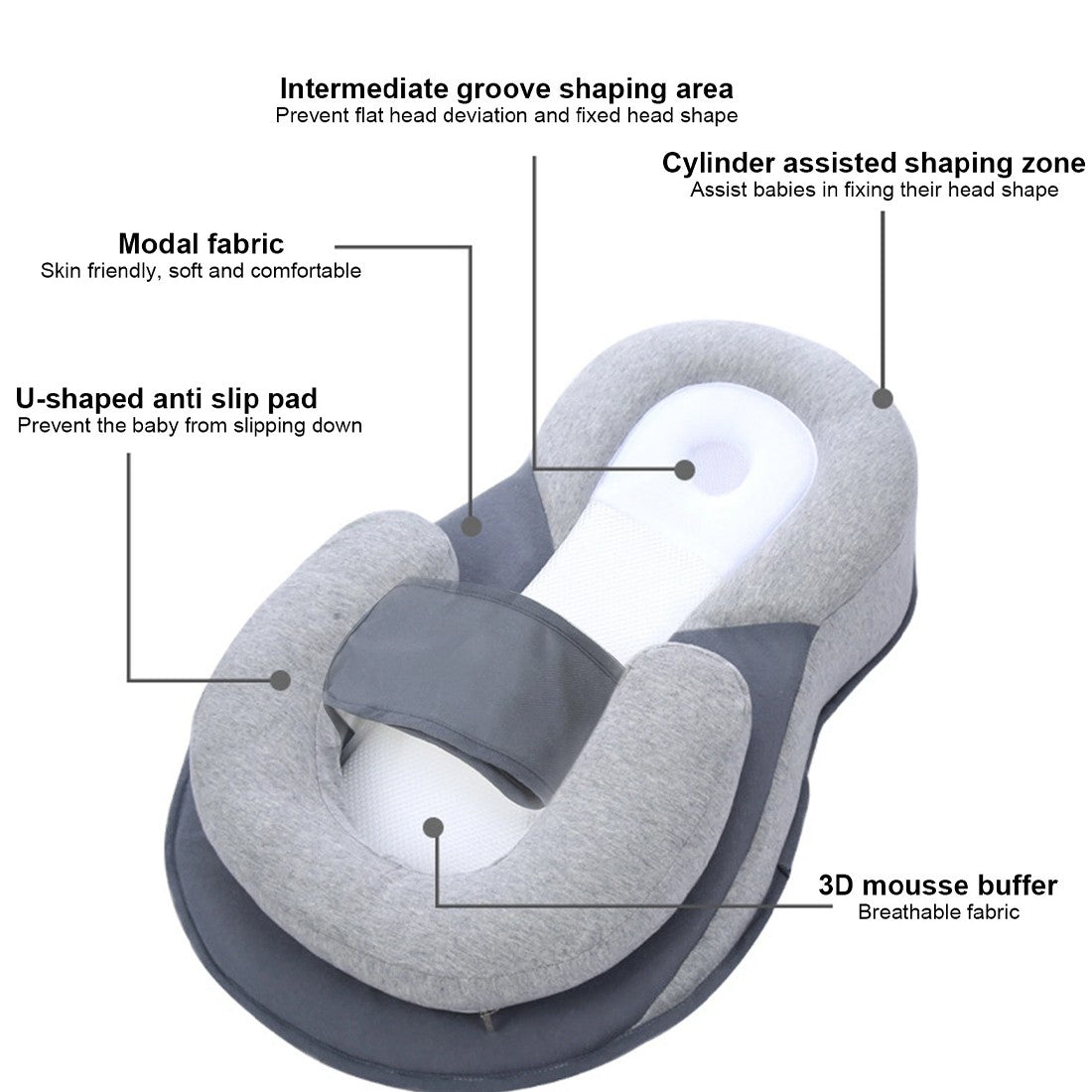 Baby bed for acid reflux features soft modal fabric and U-shaped anti-slip pad for comfort and safety.