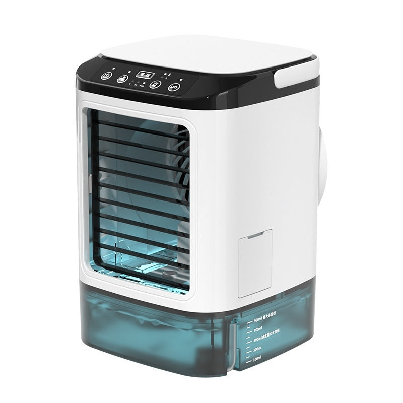 dual spray air cooler fan in white with blue water tank and adjustable vents for efficient cooling.
