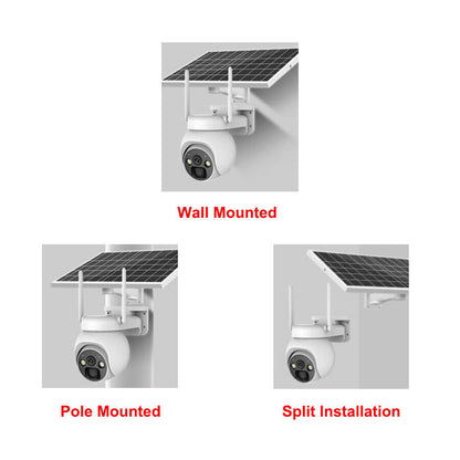 Wireless solar powered security camera with PIR motion detection in wall mounted, pole mounted, and split installation options.