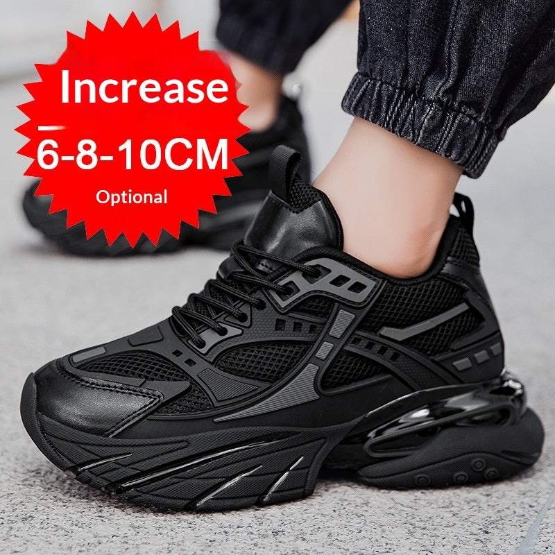 breathable height-boosting casual sneakers in black with optional increase of 6-8-10CM for enhanced comfort.