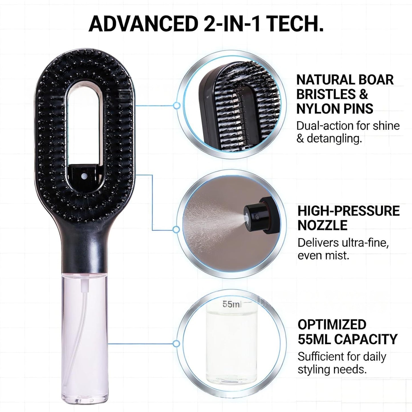 2in1 scalp massage hairbrush with spray bottle features boar bristles, nylon pins, and high-pressure nozzle for detangling.