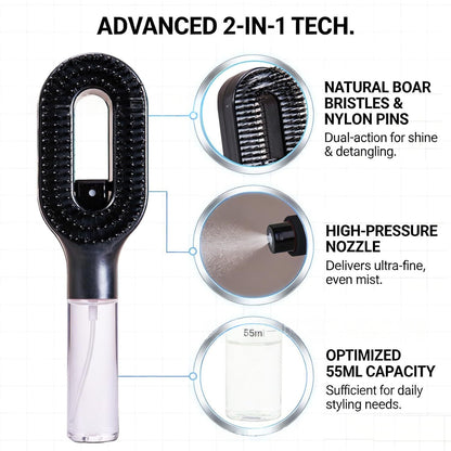 2in1 scalp massage hairbrush with spray bottle features boar bristles, nylon pins, and high-pressure nozzle for detangling.