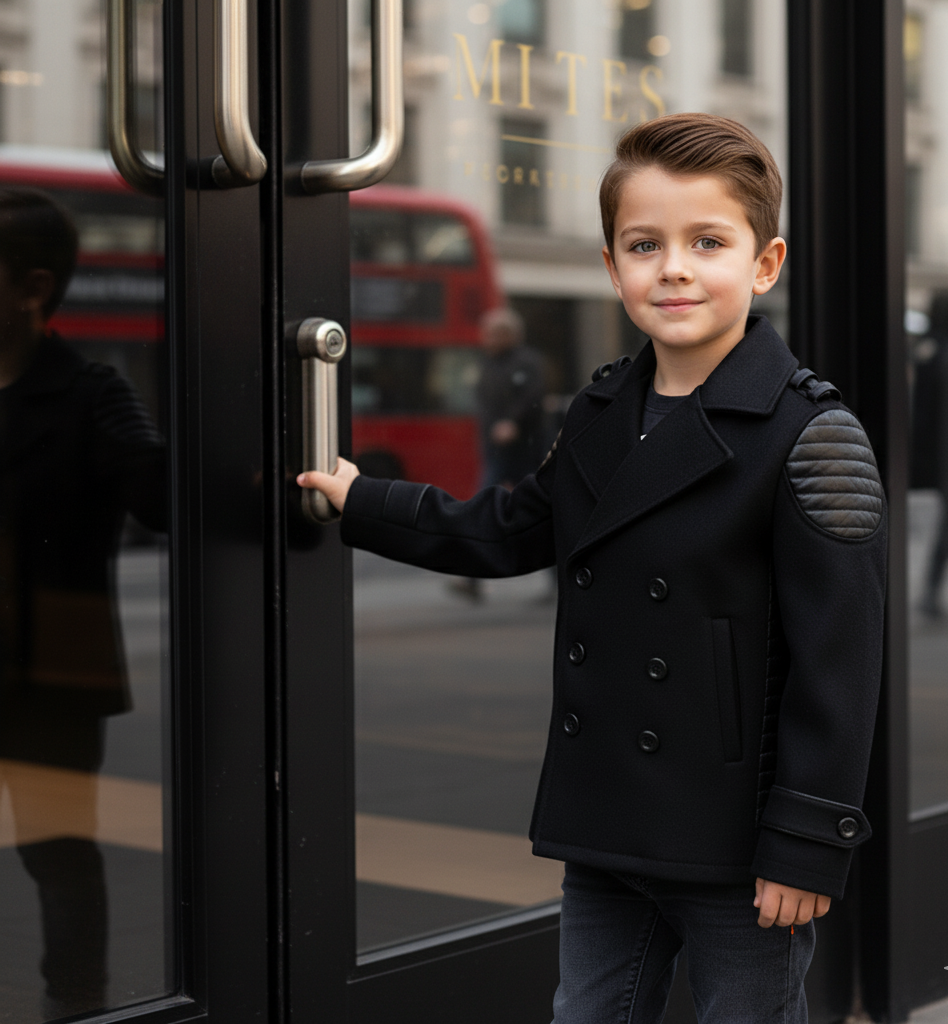 Boys black cashmere winter coat on a young boy standing at a door, showcasing a stylish and warm double-breasted design.
