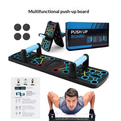 Foldable push-up fitness board with colorful design and accessories for effective workouts and fitness training.