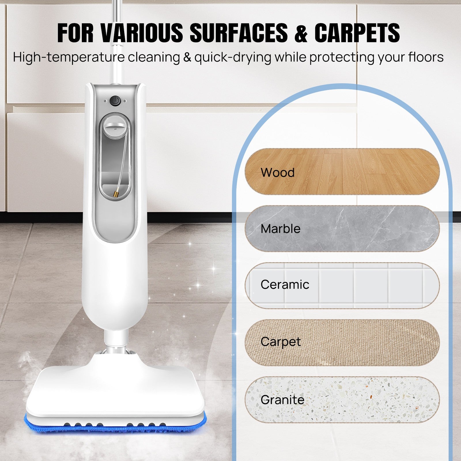 12 in 1 steam mop cleaner for various surfaces including wood, marble, carpet, and granite.