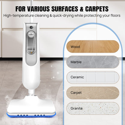 12 in 1 steam mop cleaner for various surfaces including wood, marble, carpet, and granite.