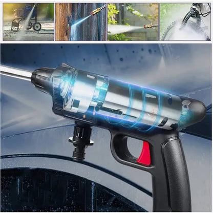 Cordless high pressure cleaner with batteries, detailed view of spray gun and its inner workings.