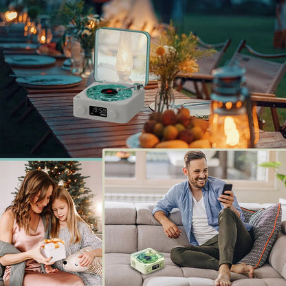 Retro Turntable Wireless Bluetooth Speaker in different settings, showcasing vintage design and modern sound.
