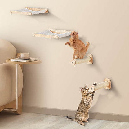 Cats on wall mounted cat shelves with hammocks, featuring climbing posts and comfortable lounging areas.