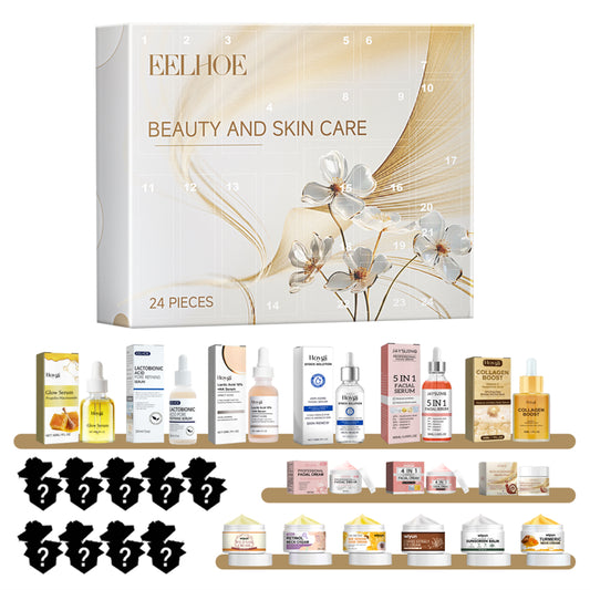 Hydrating moisturizing skincare set with 24 compartments and various beauty products displayed.