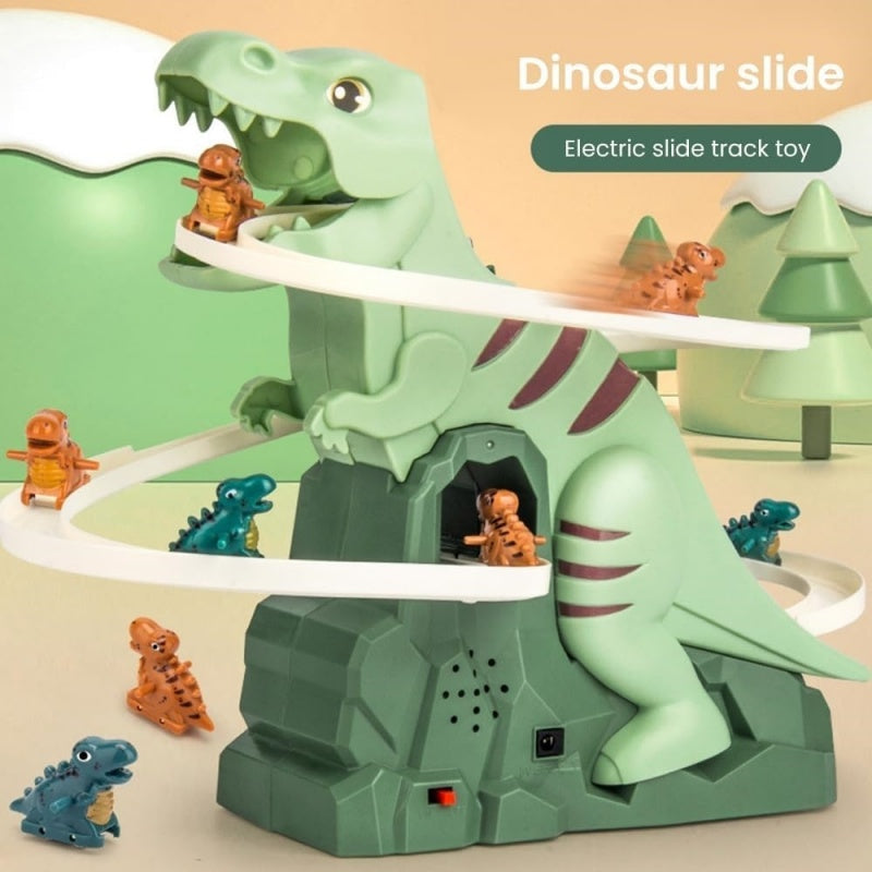 Dinosaur climbing slide toy with electric track, featuring a green dinosaur and colorful little dinosaurs climbing stairs.