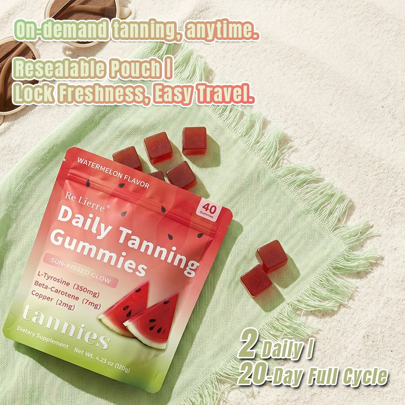 Daily Tanning Gummies in resealable pouch showcasing watermelon flavor and benefits of L-Tyrosine, Beta-Carotene & Copper for skin health and glow.