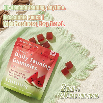 Daily Tanning Gummies in resealable pouch showcasing watermelon flavor and benefits of L-Tyrosine, Beta-Carotene & Copper for skin health and glow.