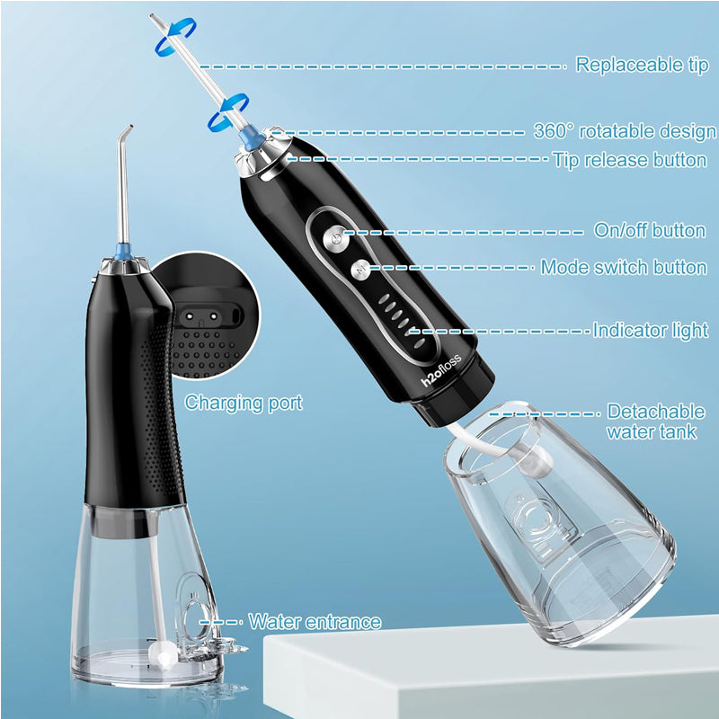 Portable water flosser with 5 modes showing a 360° rotatable design and detachable water tank.