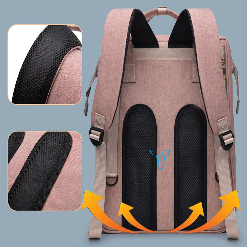 large capacity mummy baby backpack featuring ergonomic mesh straps for comfort and ventilation.