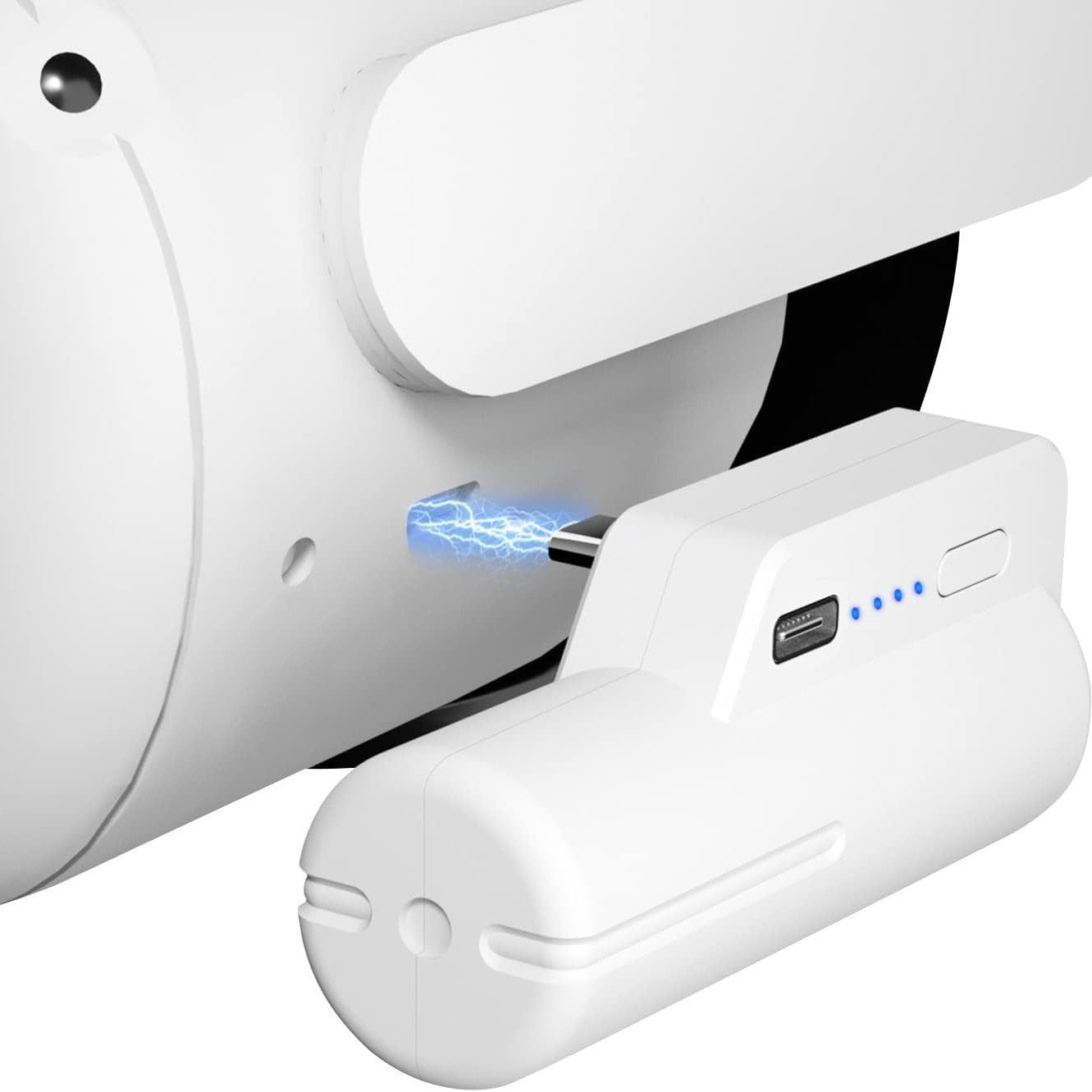 Close-up of a portable VR power bank connected to a VR headset, showcasing fast charging capabilities.
