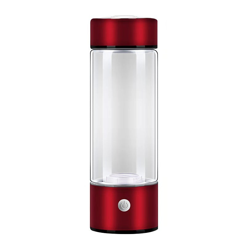 Hydrogen water generator bottle in red color, made of high borosilicate glass, portable electric water bottle.