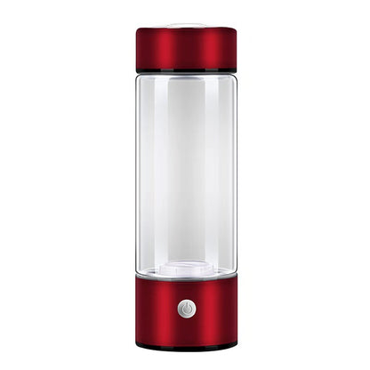 Hydrogen water generator bottle in red color, made of high borosilicate glass, portable electric water bottle.