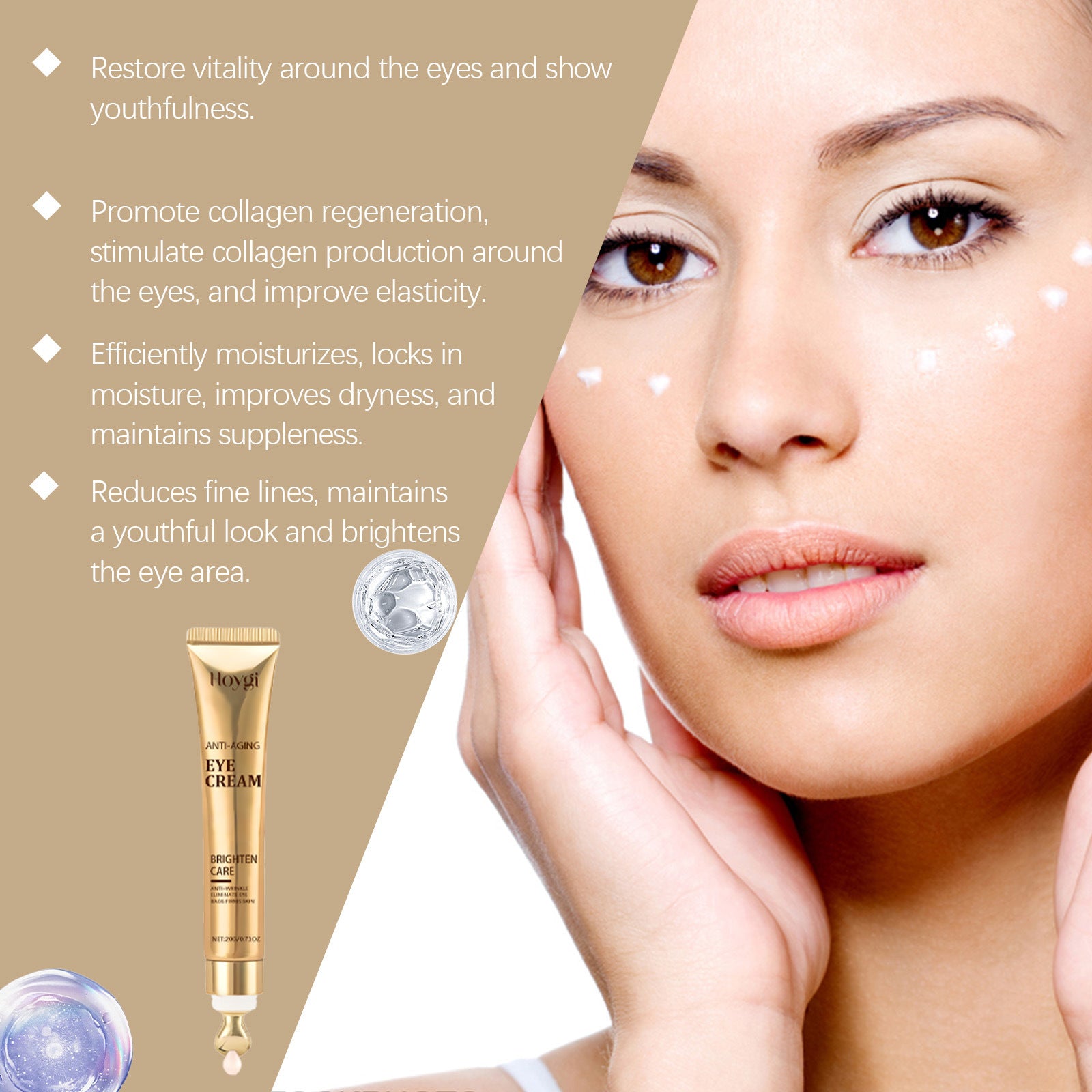 Firming eye cream for moisturizing applied on a woman's face, promoting youthfulness and hydration.