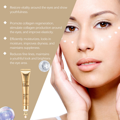 Firming eye cream for moisturizing applied on a woman's face, promoting youthfulness and hydration.
