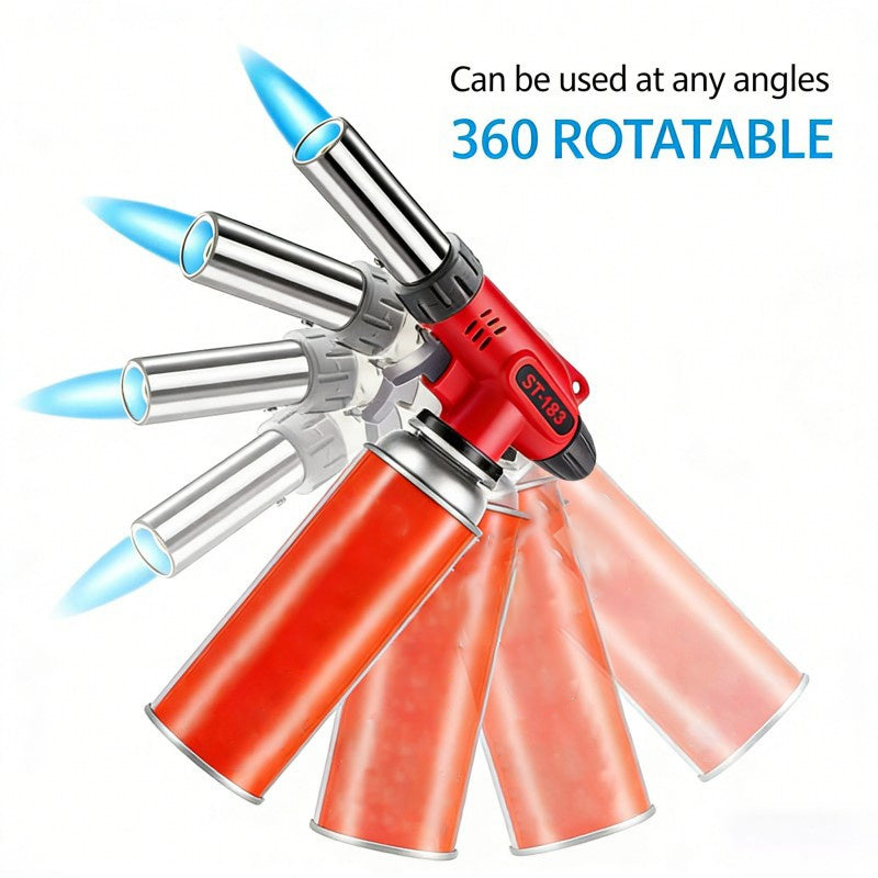 Adjustable flame kitchen blowtorch with 360-degree rotation, ideal for versatile cooking applications.